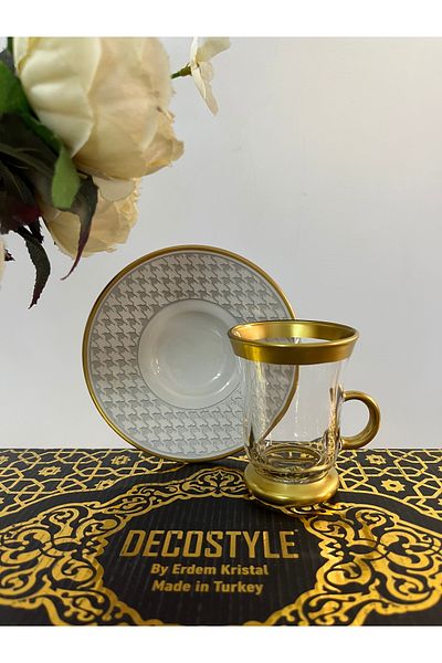 DECOSTYLE طقم شاي مكون من 12 قطعة بمقبض منقوش على شكل مطرقة مع طبق بورسلين ذهبي