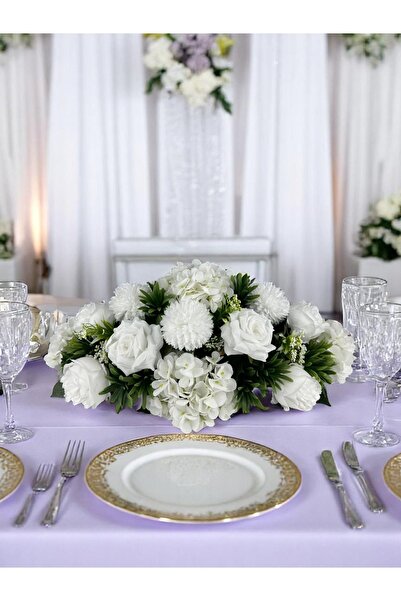 NEŞELİ ÇİÇEKLER Yapay Çiçek Masa Çiçeği 60x20 Cm Yemek Masası Düğün Nişan Özel Gün Masa Üstü Dekor Masa Süsü Beyaz