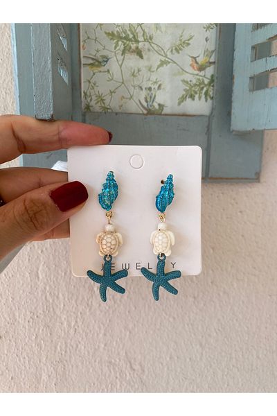 Atelier Licia Summer Themed Turquoise Dangle Earrings with Starfish and Turtle Figures