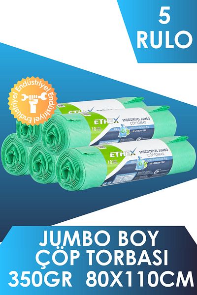 Ethex كيس قمامة صناعي بحجم جامبو (10 قطع 350 جرام 80 × 110 سم 90 لتر أخضر 5 لفات)