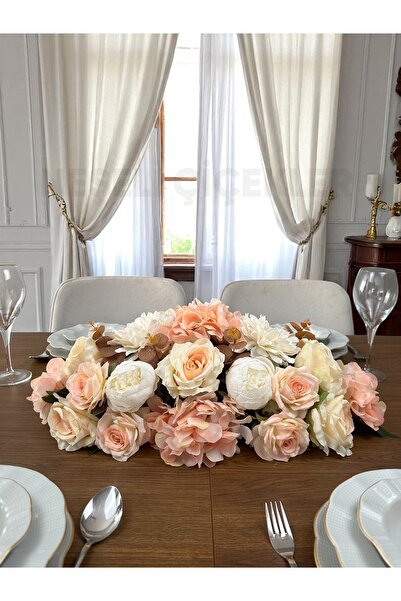 NEŞELİ ÇİÇEKLER Yapay Çiçek Masa Çiçeği Masa Üstü Dekor 60x20 Cm Yemek Masası Düğün Nişan Masa Süsü Pastel Renk