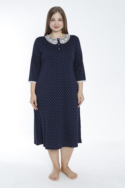 ROMEO LİFE Women's Plus Size Cotton Modal Fabric Lace Collar Detailed Polka Dot Navy Blue Dress 7806