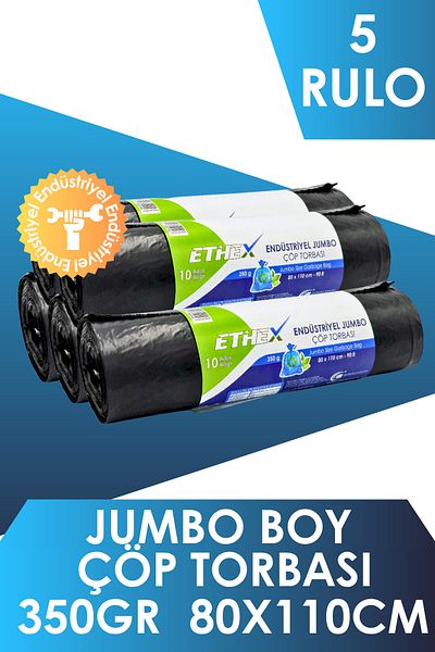 Ethex كيس قمامة صناعي بحجم جامبو (10 قطع 350 جرام 80 × 110 سم 90 لتر أسود 90 لتر 5 لفات)