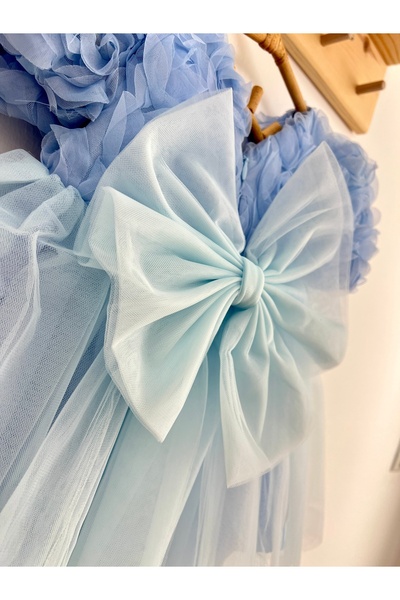 2kids2mom Kız Bebek Mavi Elbise Kısa Kollu Fiyonklu Doğum Günü Parti Düğün Özel Gün Tüllü Astarlı Prenses