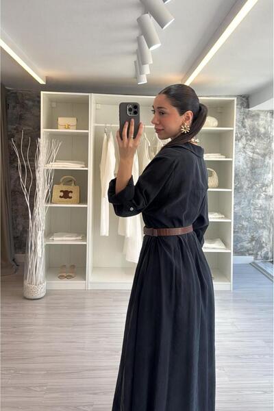 LUUNA STORE Kemerli Gömlek Elbise - Siyah