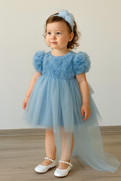 2kids2mom Baby Girl Blue Dress Short Sleeve Bow Birthday Party Wedding Special Occasion Tulle Lined Princess
