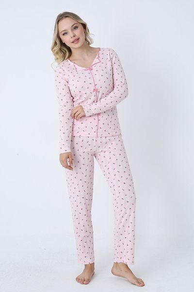 TURAY Catherine Basic Uzunkol 100% Cotton Women's Pink Pajamas Set