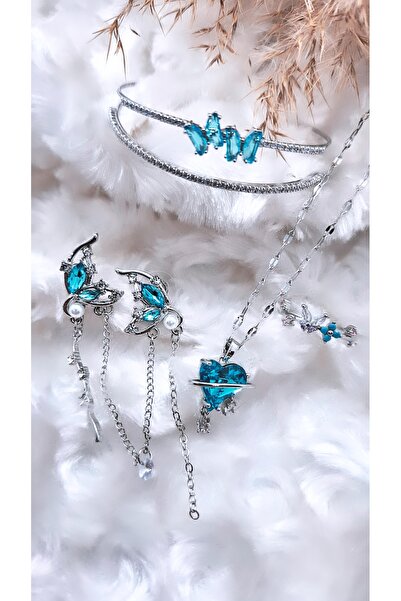 Serenity Kadın Mavi Zirkon Taşlı Özel Kelebek Figür Çelik Takı Seti