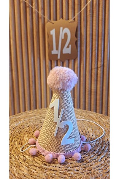 asöy Yarım Yaş 6 Ay Şapka Jüt Kumaş Pembe Ponponlu Şapka Doğum Günü Şapkası 6...