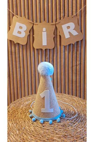 asöy 1 Yaş Şapka Jüt Kumaş PonPonlu Şapka Doğum Günü Şapkası One Şapka Ponponlu Çuval Kumaşlı