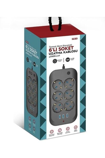 solutions technology Akım Korumalı 6'lı Priz 3 Usb Çıkışlı – 2 Metre Kablo, Anahtarlı, Alev Geciktirici Tasarım