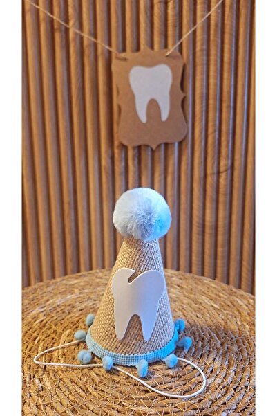 asöy Dişim Çıktı Şapka Mavi Jüt Kumaş PonPonlu Şapka Doğum Günü Şapkası One Şapka Ponponlu