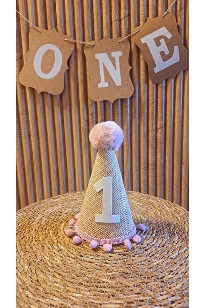 asöy 1 Yaş Şapka Jüt Kumaş Pembe PonPonlu Şapka Doğum Günü Şapkası One Ponponlu Çuval Kumaşlı