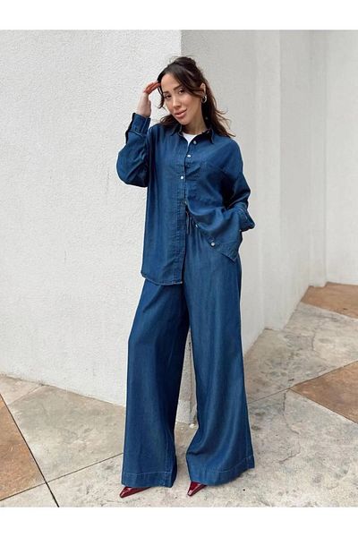 MADAME MELEK Women's Blue Denim Shirt Pantalon Set