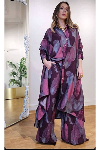 GAMZE ALPTEKİN Wide Leg Pants Long Shirt Buttoned Kimono Set