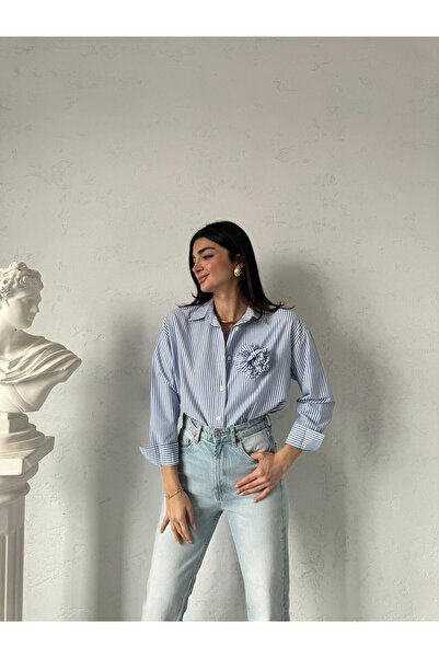 MADAME MELEK Риза с дълъг ръкав на райета с брошка и роза