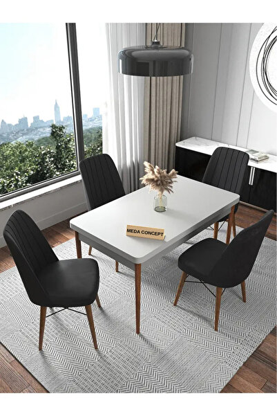 MEDA CONCEPT İnci Düz Beyaz Sabit 4 Kişilik Mutfak Masası Takımı Yemek Masası...