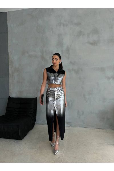 MADAME MELEK Silver Gilded Crop Denim Vest and Front Slit Gilded Denim Skirt Set