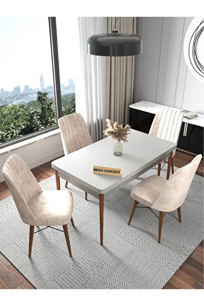 MEDA CONCEPT İnci Düz Beyaz Sabit 4 Kişilik Mutfak Masası Takımı Yemek Masası...