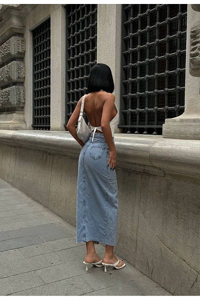 GAMZE ALPTEKİN Fusta din denim cu model diamant Fusta din denim cu fante (Slim Fit, cumpărați o mărime mai mare)