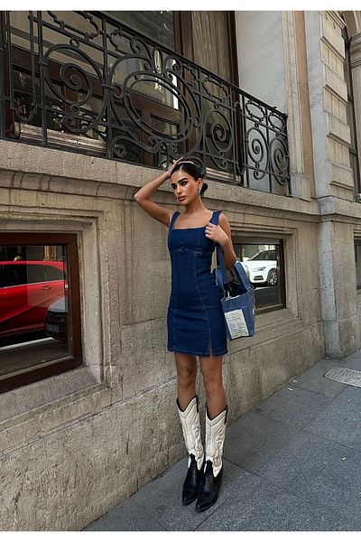 MADAME MELEK Μίνι τζιν φόρεμα με χοντρές τιράντες με φερμουάρ μπροστά