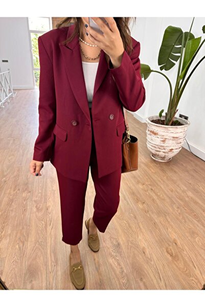 MADAME MELEK Claret Red Trousers and Jacket Set - Lined