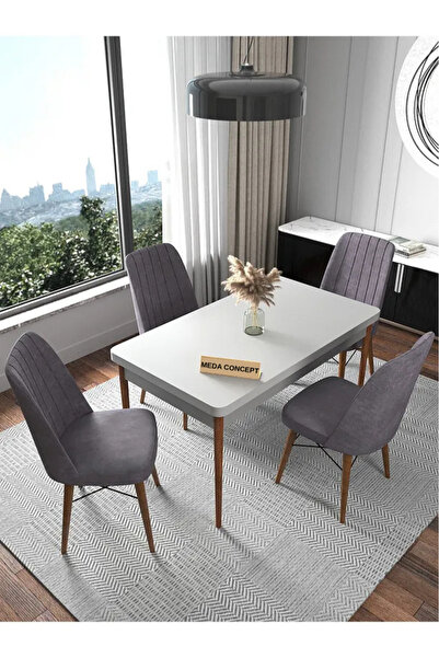 MEDA CONCEPT İnci Düz Beyaz Sabit 4 Kişilik Mutfak Masası Takımı Yemek Masası...