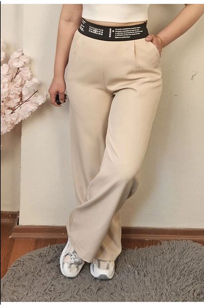 MADAME MELEK Imported Fabric Palazzo Trousers with Elastic Waist and Zipper