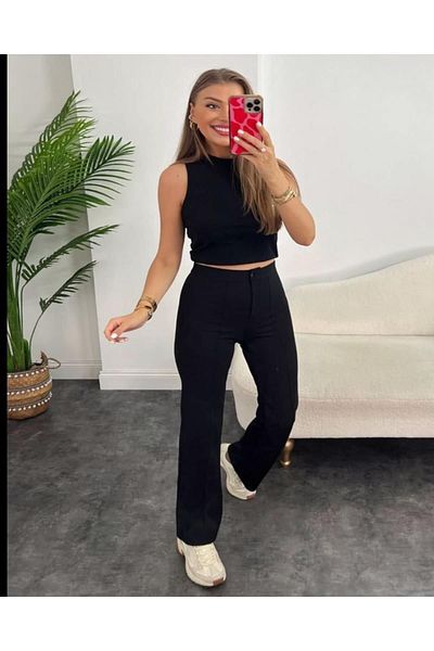 MADAME MELEK Black Lycra Crepe - Pantaloni Palazo cu dungi în față și în spate