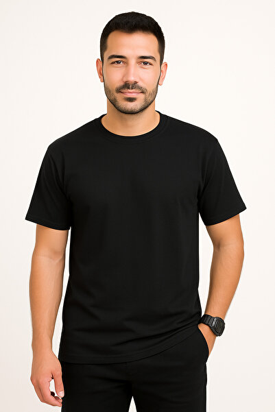 Ellit giyim Men's Black 100% Cotton Regular Cut Crew Neck Basic T-Shirt - Pre...