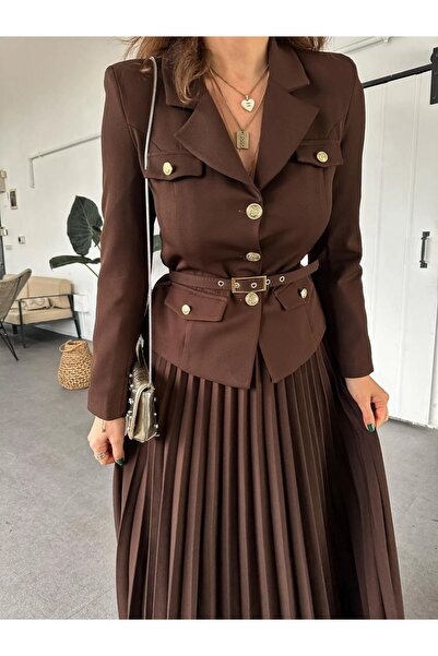 MADAME MELEK Elizabeth Gold Belted-Buttoned Blazer Jacket and Pleated Long Skirt Set