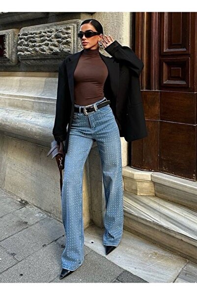 GAMZE ALPTEKİN Blugi cu pantaloni Palazzo Denim cu detalii în piatră