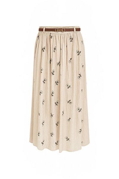 MODA MIHHEL Nakış İşlemeli Saten Etek Bej