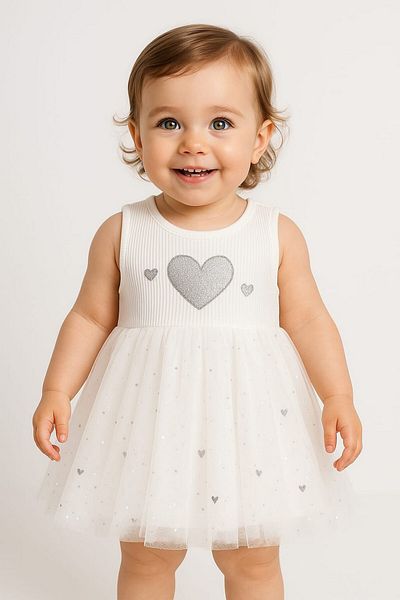 dinamik çocuk Heart Patterned Tulle Dress Top with Ribbed Sleeveless Summer Bottom Snap Body for Girls