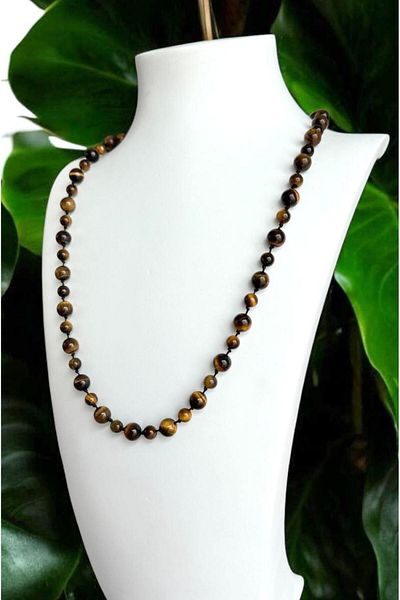 CRAZY TAKI TASARIM 6&8 mm Genuine Tiger Eye Natural Stone Long Unisex Necklace (70-80 cm)
