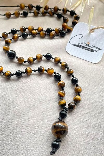 CRAZY TAKI TASARIM 6 mm Tiger Eye & Onyx Stone 70-80 cm Long Unisex Necklace
