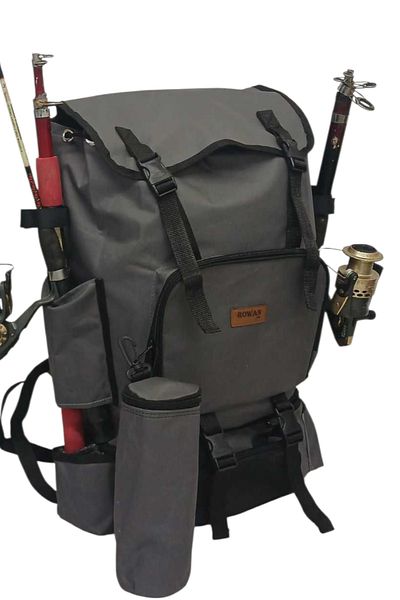 ROWAN ÇANTA Gray Camping and Fishing Backpack with Thermal Bottom Compartment Thermal Flask Bag 62*41*22 cm