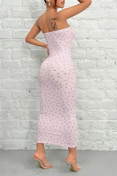 Baby xclub Women's Pink Strapless Patterned Printed Lycra Stylish Trend Casual Summer Pinterest Long Dress