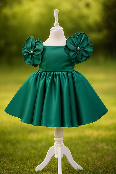 MUSGEM Special Design Emerald Green Flower Detailed Satin Girl's Evening Dress