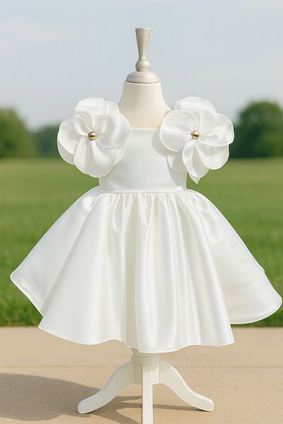MUSGEM Special Design White Flower Detailed Satin Girl's Evening Dress
