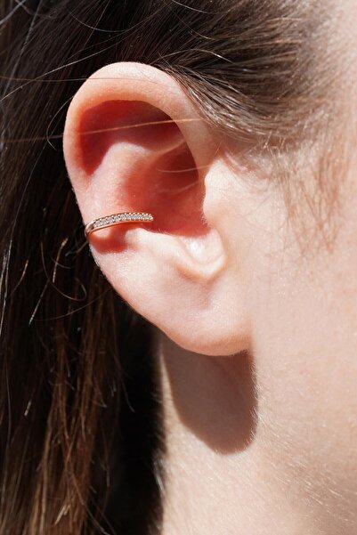 jelux silver Gümüş 925 Ayar Cuff Model Zirkon Taşlı Kıkırdak Rose Küpe