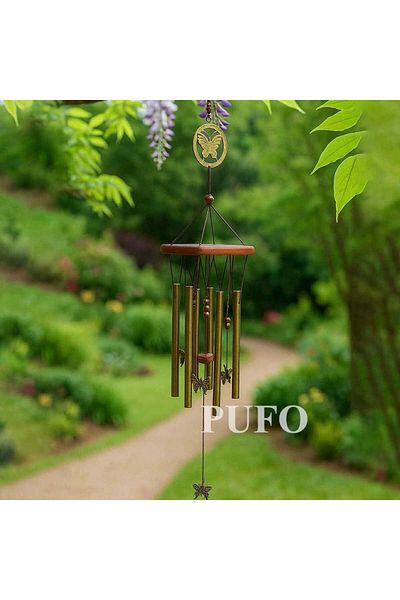 PUFO Wind chime with 6 metal sound tubes for home or garden, butterfly pattern