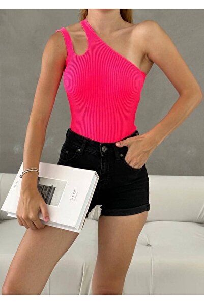 bayansepeti Single Shoulder Detailed Ribbed Textured Fuchsia Knitwear Blouse 0300
