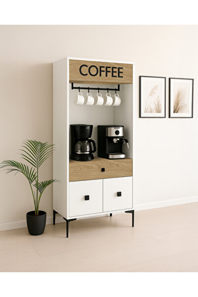 GeKa Mobilya Beyaz Modern Kahve Köşesi – Raflı ve Bardak Askılı - (MEŞE)