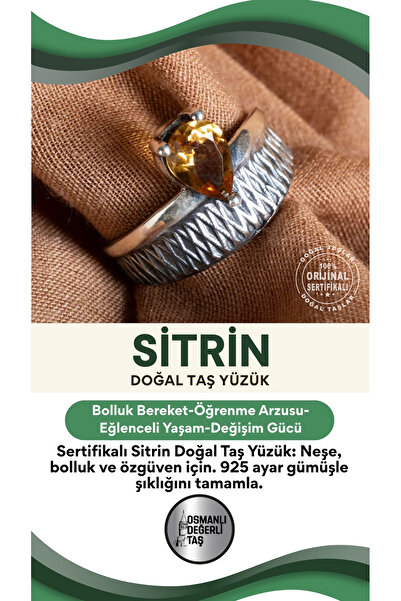 OSMANLI DEĞERLİ TAŞ SERTİFİKALI Sitrin Doğal Taş 925 Ayar Gümüş Yüzük