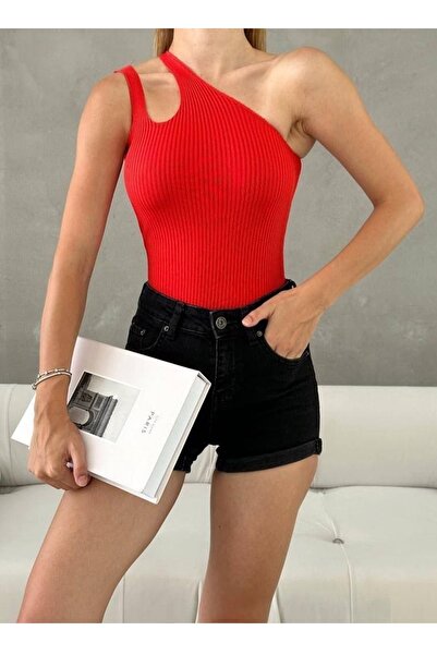 bayansepeti Одноплечова блуза з ребристою фактурою червоного кольору 0300