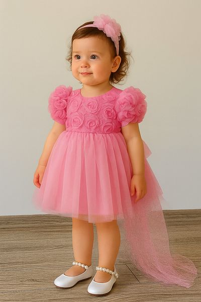 2kids2mom Baby Girl Pink Dress Short Sleeve with Bow Birthday Party Wedding Special Occasion Tulle Lined Princess