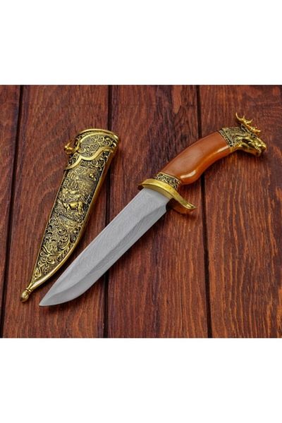 BLA BLA FOAM Decorative Knife with Sculpted Sheath, Wooden Handle, Deer Head, Unsharpened Blade, Vintage Design,