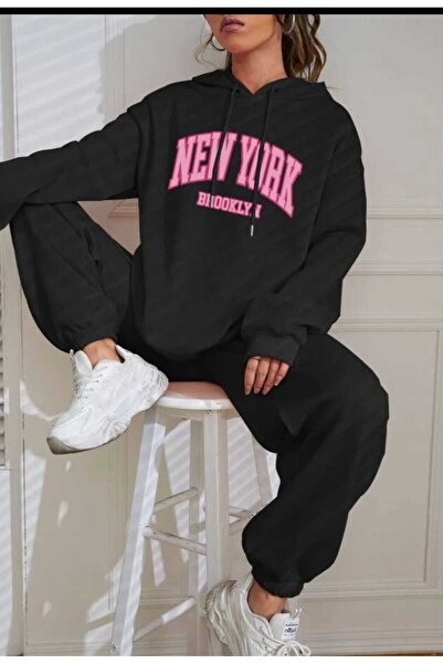 WOODROFFE N.y. طقم بدلة رياضية نسائية ذات قلنسوة سوداء مطبوعة من بروكلين أسود...