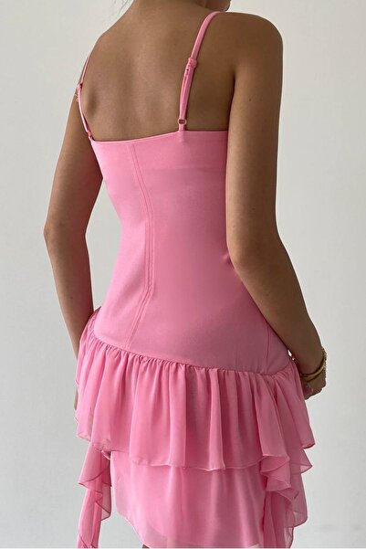 vuvutasarım Pink Atlas Fabric Skirt Layered Chiffon Fabric Detailed Adjustable Strap Mini Dress 230